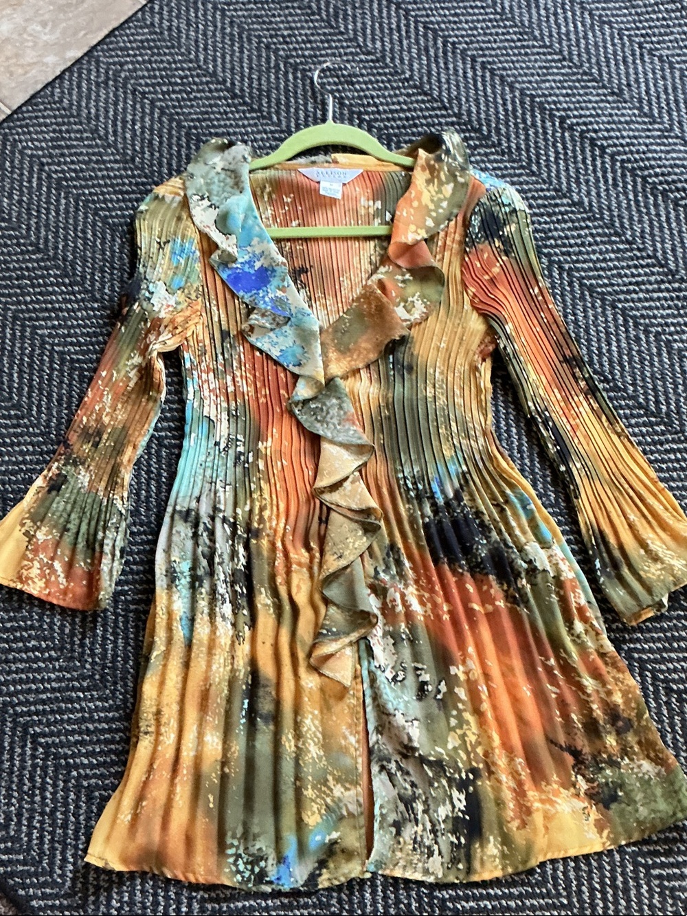 Allison Taylor Multicolor Pleated Ruffle Long Sleeve Top - Rust, Olive, Blue